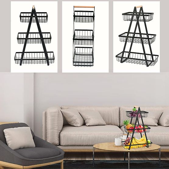 Coș pentru fructe PULOS 3 niveluri negru