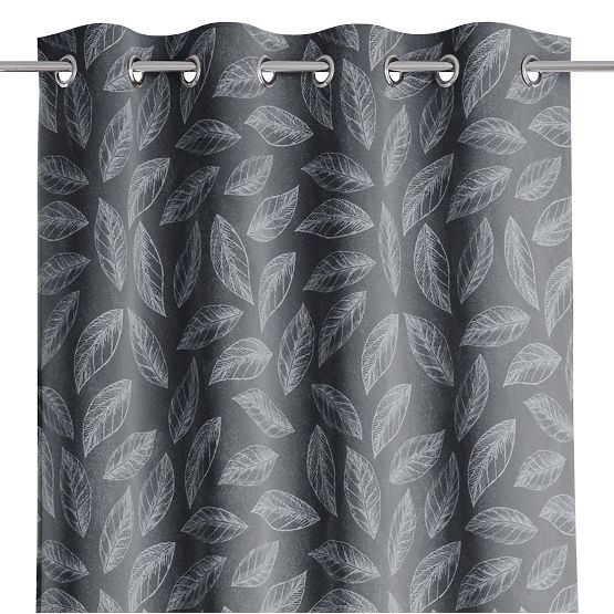 Draperie CALM culoare grafit motiv vegetal imprimat stil clasic orificii metalice argintii