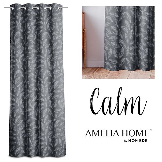 Draperie CALM culoare grafit motiv vegetal imprimat stil clasic orificii metalice argintii