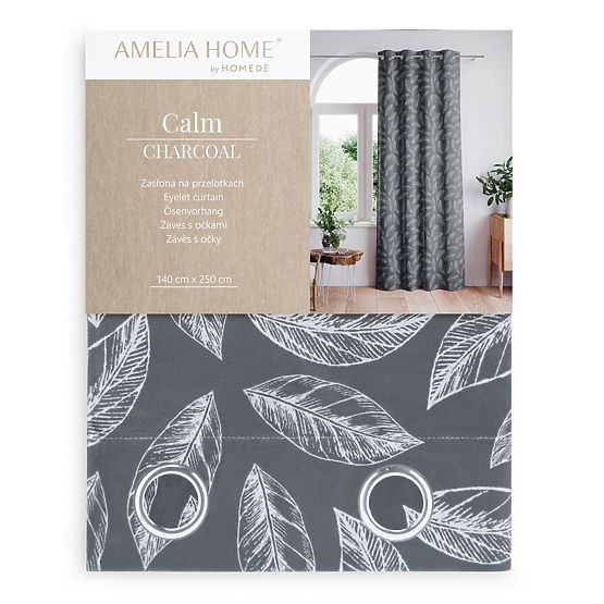 Draperie CALM culoare grafit motiv vegetal imprimat stil clasic orificii metalice argintii