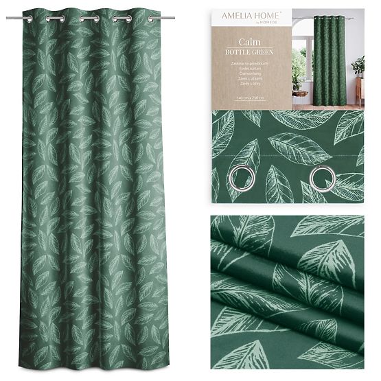 Draperie CALM culoare verde sticlă cu motiv vegetal imprimat stil clasic cu inele metalice argintii