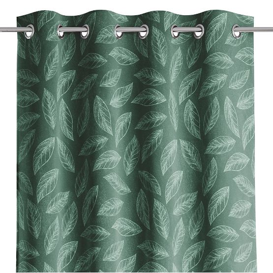 Draperie CALM culoare verde sticlă cu motiv vegetal imprimat stil clasic cu inele metalice argintii