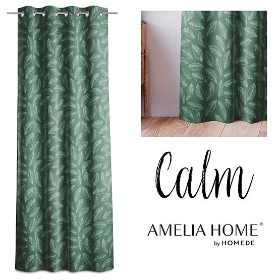 Draperie CALM culoare verde sticlă cu motiv vegetal imprimat stil clasic cu inele metalice argintii