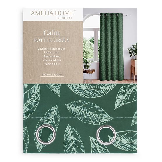 Draperie CALM culoare verde sticlă cu motiv vegetal imprimat stil clasic cu inele metalice argintii