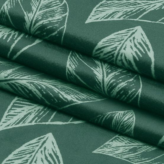Draperie CALM culoare verde sticlă cu motiv vegetal imprimat stil clasic cu inele metalice argintii