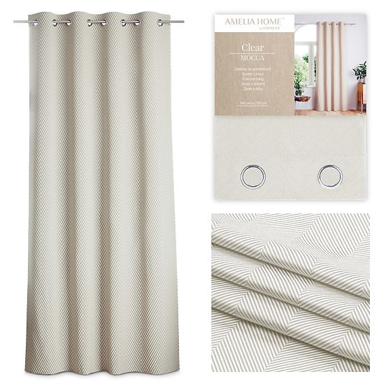 Draperie CLEAR culoare cappuccino cu motiv imprimat stil boho clasic cu inele metalice argintii