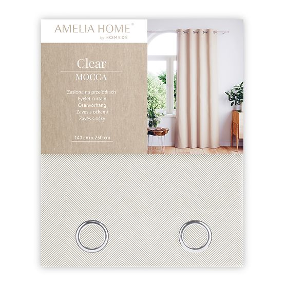 Draperie CLEAR culoare cappuccino cu motiv imprimat stil boho clasic cu inele metalice argintii