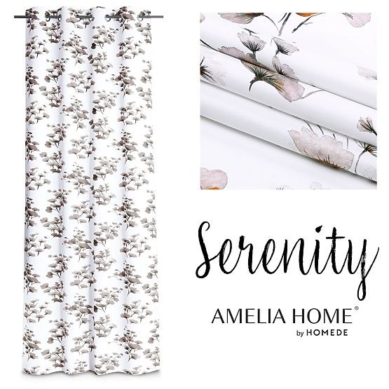 Draperie SERENITY culoare albă cu motiv vegetal imprimat stil clasic cu inele metalice argintii