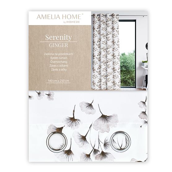 Draperie SERENITY culoare albă cu motiv vegetal imprimat stil clasic cu inele metalice argintii