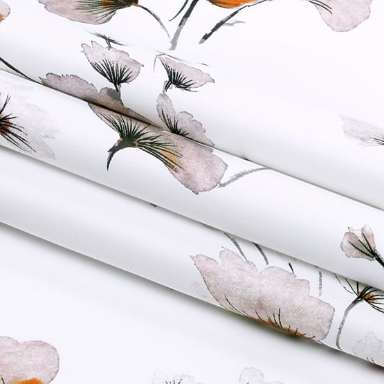 Draperie SERENITY culoare albă cu motiv vegetal imprimat stil clasic cu inele metalice argintii