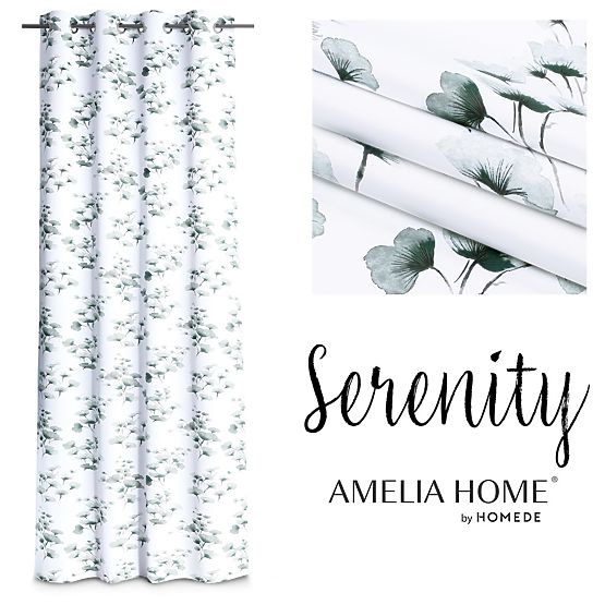 Draperie SERENITY culoare albă cu motiv vegetal imprimat stil clasic inele metalice argintii