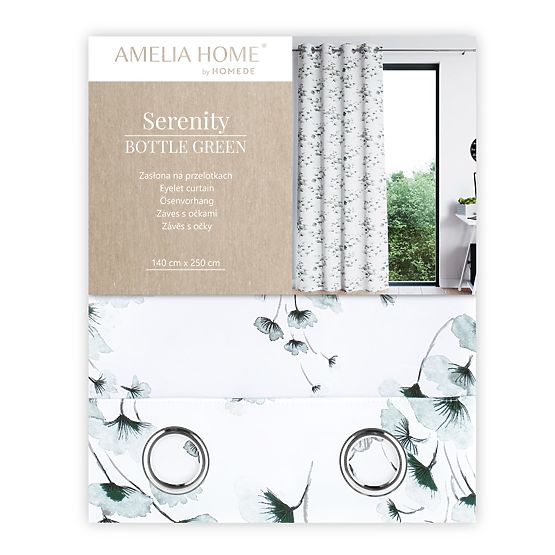 Draperie SERENITY culoare albă cu motiv vegetal imprimat stil clasic inele metalice argintii