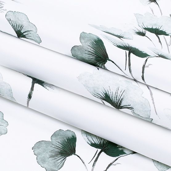 Draperie SERENITY culoare albă cu motiv vegetal imprimat stil clasic inele metalice argintii