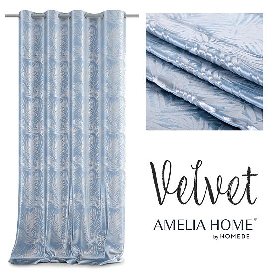 Draperie SILVERLEAVES culoare albastru deschis stil imprimat glamour cu inele argintii velvet 140x24