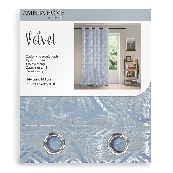 Draperie SILVERLEAVES culoare albastru deschis stil imprimat glamour cu inele argintii velvet 140x24
