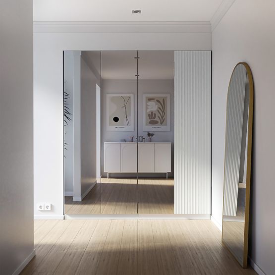 Dulap cu patru uși Neroli, oglindă/caneluri simple, alb