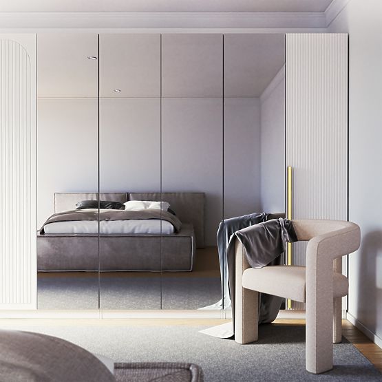 Dulap cu patru uși Neroli, oglindă/caneluri simple, alb