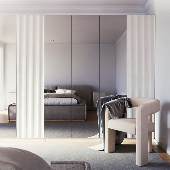 Dulap cu patru uși Neroli, oglindă/caneluri simple, alb