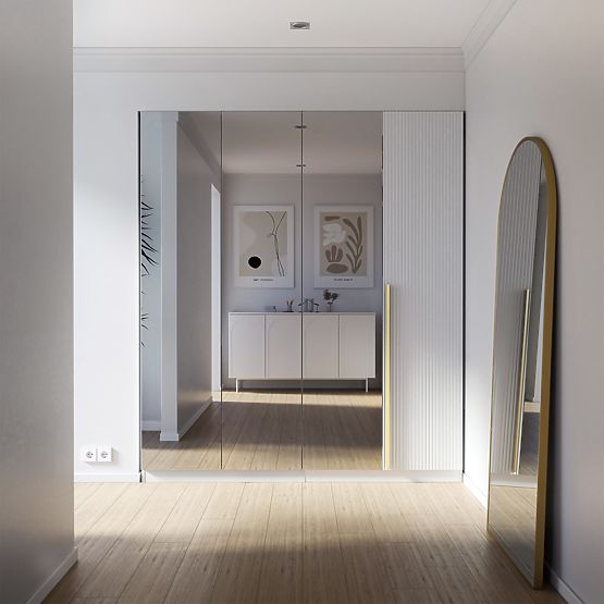 Dulap cu patru uși Neroli, oglindă/caneluri simple, alb