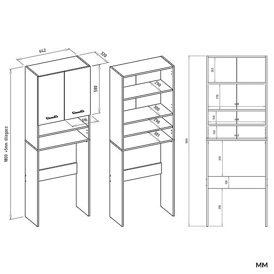 Dulap de Baie deasupra Mașinii de Spălat POLA DK ANTRACIT ALB Raft Coloană 180X64X30