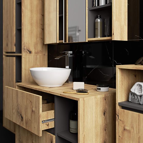 DULAP DE BAIE SUB LAVOAR CU ORIFICII VAMI W90 UM 2SZ 2P STEJAR ARTISAN / GRI GRAFIT