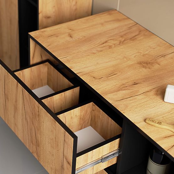 Dulap de baie suspendat sub chiuvetă VAMI W90 2SZ 2P PK Stejar Craft / Negru