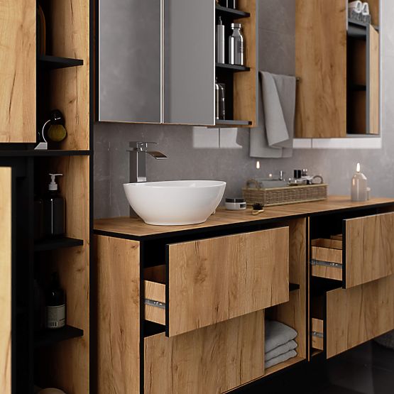 Dulap de baie suspendat sub chiuvetă VAMI W90 2SZ 2P PK Stejar Craft / Negru