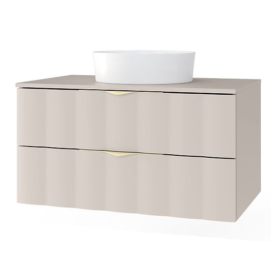 Dulap sub chiuvetă Omi 80 cm, panou frontal ondulat, mânere aurii, bej cașmir