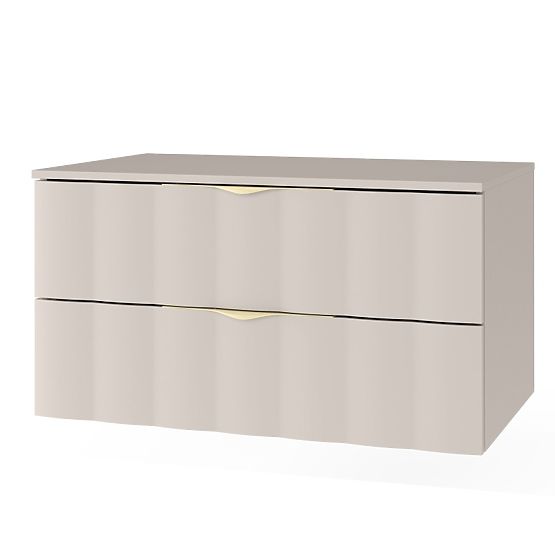Dulap sub chiuvetă Omi 80 cm, panou frontal ondulat, mânere aurii, bej cașmir