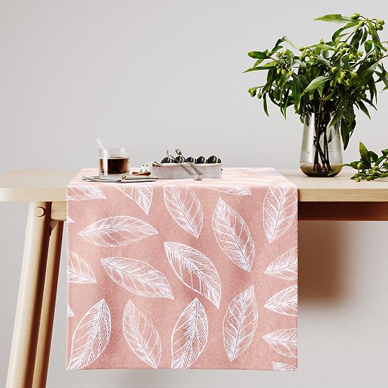 Față de masă CALM culoare roz pudrat motiv vegetal imprimat stil clasic 40x140 ameliahome