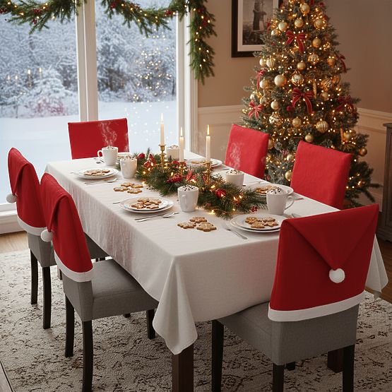 Huse pentru scaune în formă de căciulă Moș Crăciun 6 bucăți