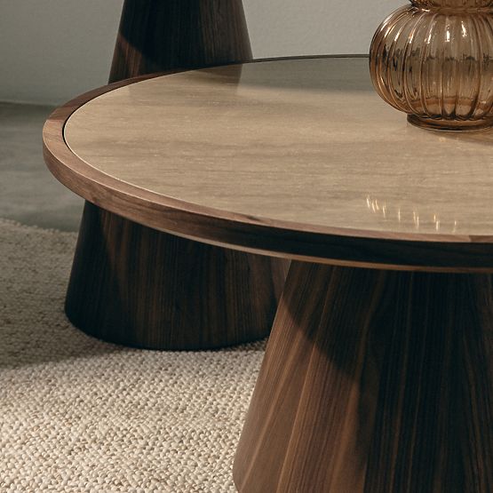 Masă de cafea Kyoto 80 cm, rotundă, travertin/nuc