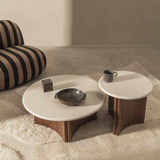 Masă de cafea Marlo 80 cm, alb crem/nuc, microciment