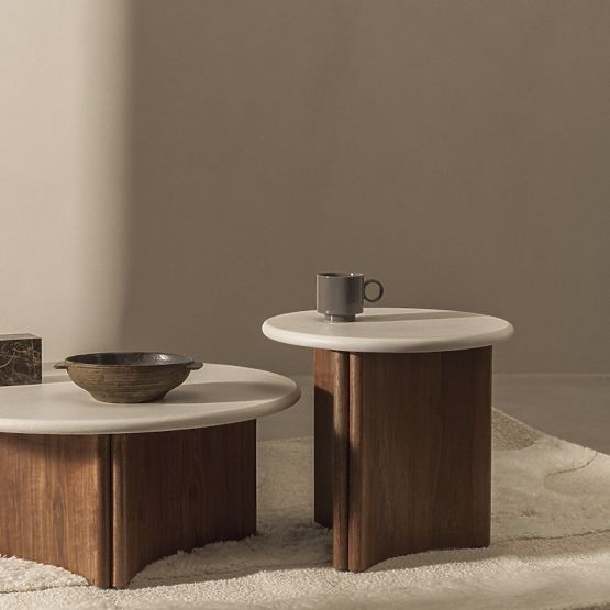 Masă de cafea Marlo 80 cm, alb crem/nuc, microciment