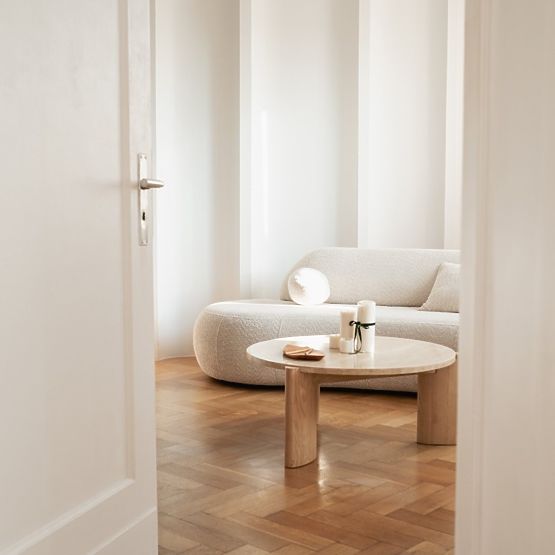 Masă de cafea Medley 90 cm, rotundă, travertin/frasin