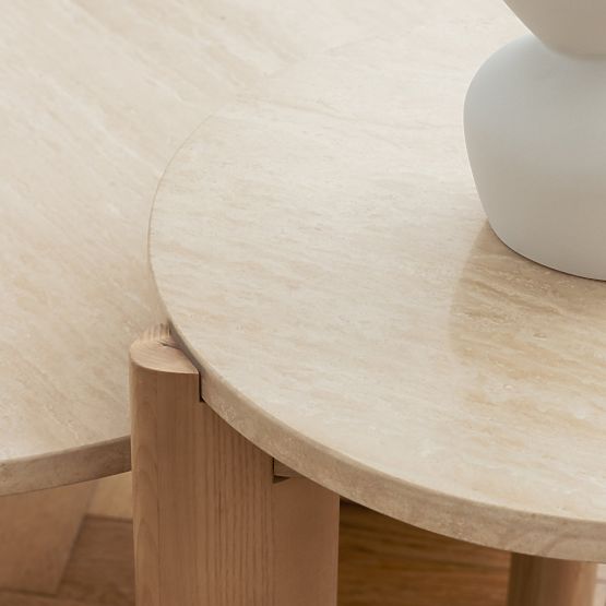 Masă de cafea Medley 90 cm, rotundă, travertin/frasin