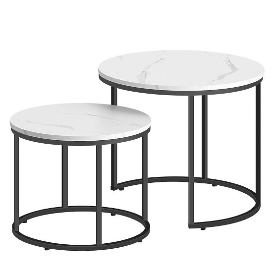 Masă de cafea rotundă 2 buc - marmură / picioare negre