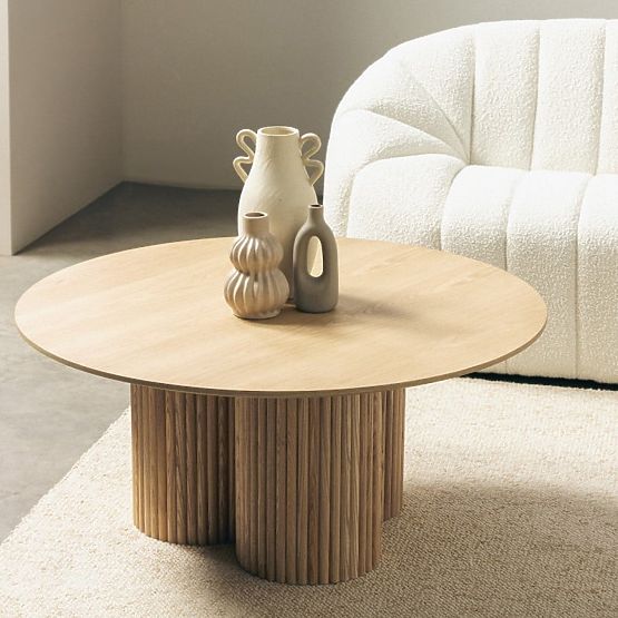 Masă de cafea rotundă Vesby 100 cm, stejar natural, frasin, lamele