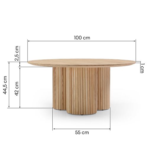 Masă de cafea rotundă Vesby 100 cm, stejar natural, frasin, lamele