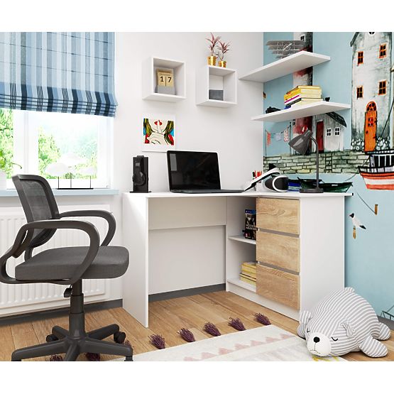 MASĂ DE COLȚ B16 124 cm DREAPTA 3 SERTARE PK ALB / SONOMA