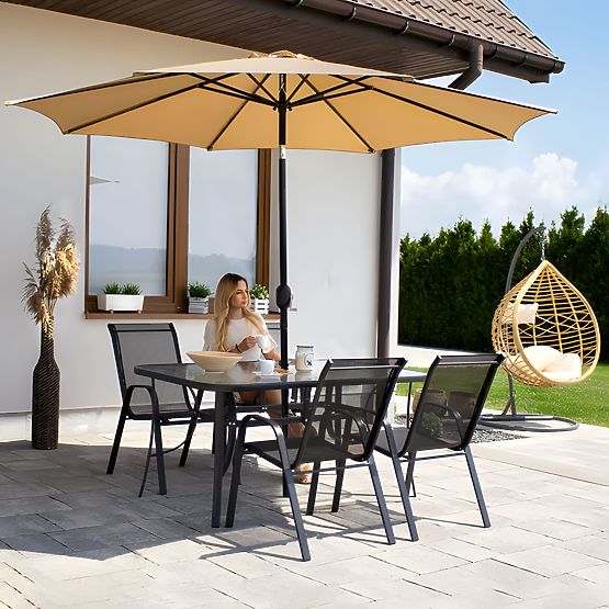 Masă de grădină 160x90 cm sticlă călită blat mare pentru terasă grădină cu orificiu pentru umbrelă M