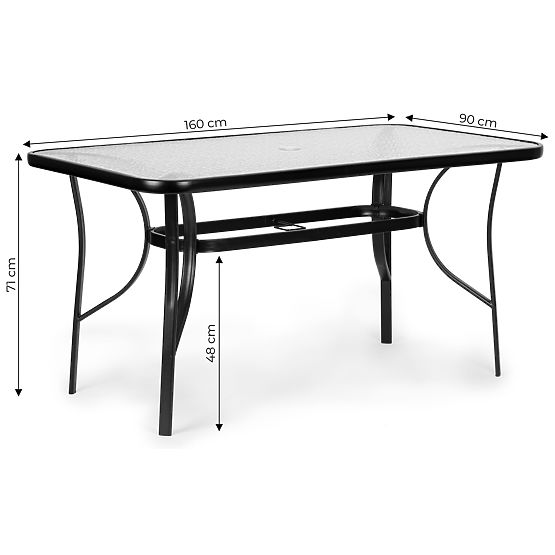 Masă de grădină 160x90 cm sticlă călită blat mare pentru terasă grădină cu orificiu pentru umbrelă M