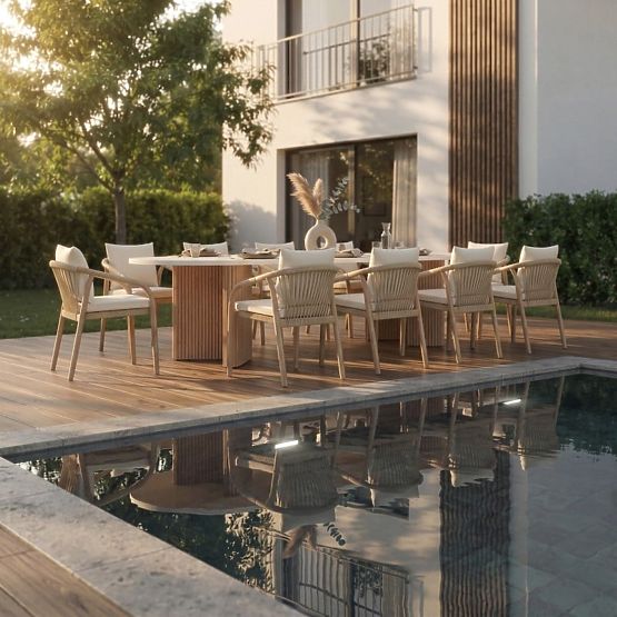 Masă de grădină Komorebi 270 cm cu blat de piatră, lemn de salcâm deschis/bej deschis, ovală, cu lam