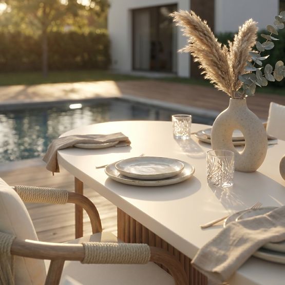 Masă de grădină Komorebi 270 cm cu blat de piatră, lemn de salcâm deschis/bej deschis, ovală, cu lam