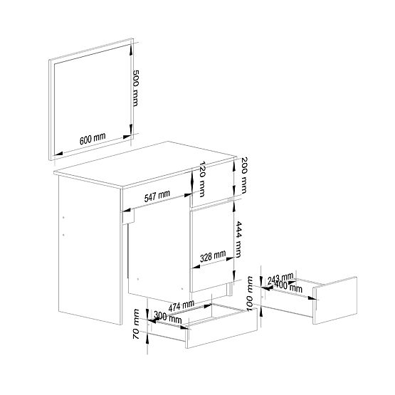 MASĂ DE TOALETĂ COSMETICĂ CU OGLINDĂ P-2/SL 500x600 DREAPTA PK STEJAR CRAFT
