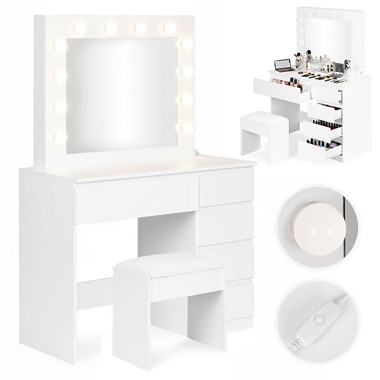 Masa de toaletă cosmetică cu oglindă și iluminare 5 sertare taburet ModernHome