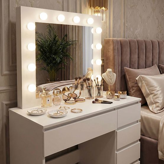 Masa de toaletă cosmetică cu oglindă și iluminare 5 sertare taburet ModernHome