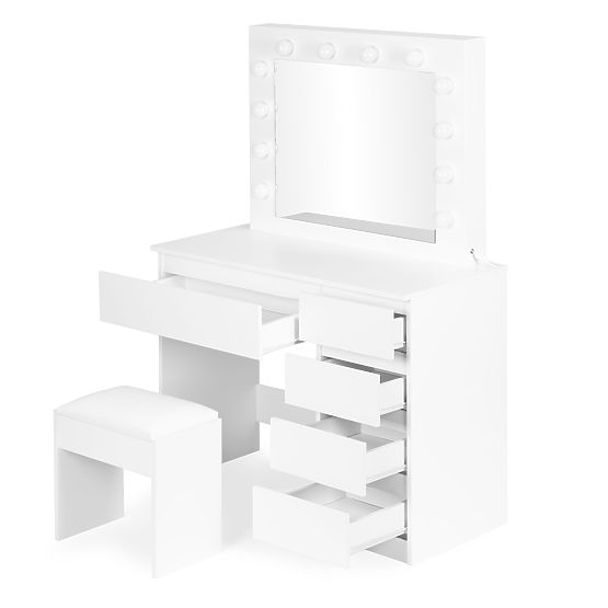 Masa de toaletă cosmetică cu oglindă și iluminare 5 sertare taburet ModernHome