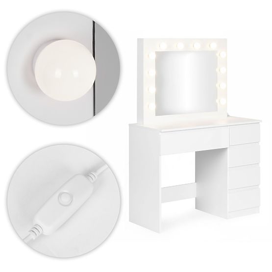 Masa de toaletă cosmetică cu oglindă și iluminare 5 sertare taburet ModernHome