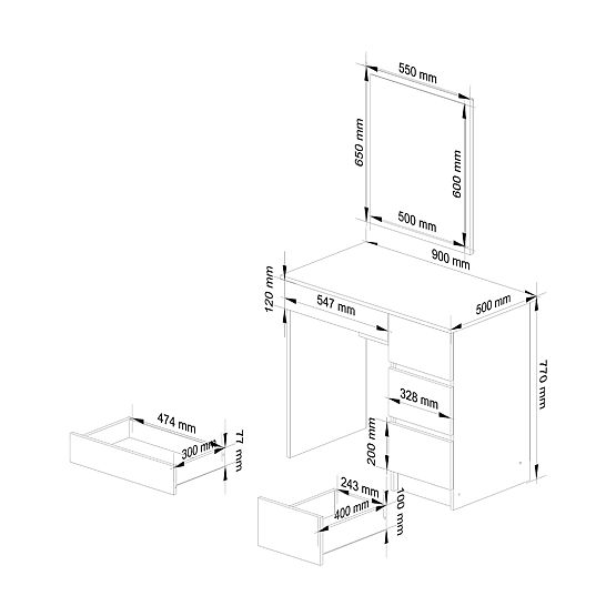 MASĂ DE TOALETĂ COSMETICĂ CU OGLINDĂ T-6/SL 500x600 DREAPTA ALBĂ